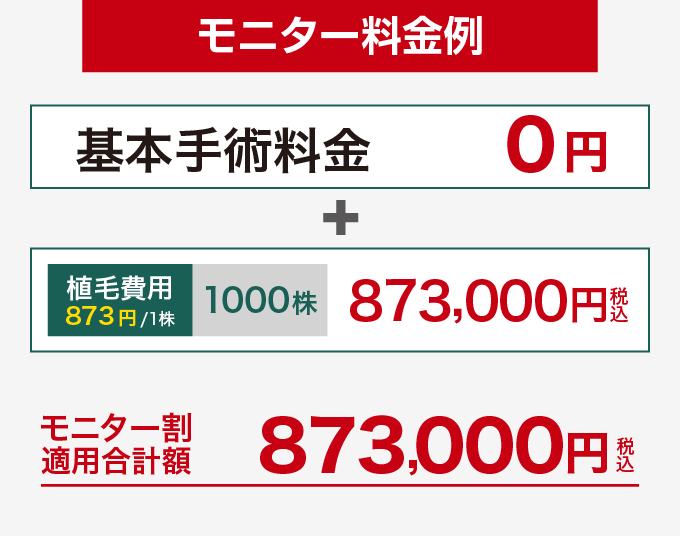 1,000株のモニター料金例、基本手術料金0円、合計873,000円(税込)